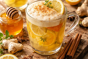 Tradycyjny rozgrzewający napój cytrusowo-imbirowy z miodową pianką