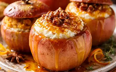 Seasonal baked apples stuffed with ricotta and roasted pumpkin puree with orange-caramel sauce