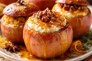 Seasonal baked apples stuffed with ricotta and roasted pumpkin puree with orange-caramel sauce