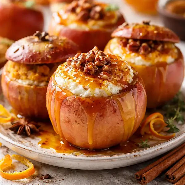 Sezonowe pieczone jabłka faszerowane ricottą i musem z pieczonej dyni z sosem pomarańczowo-karmelowym