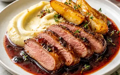 Duck breast in red wine sauce, celery purée, and caramelized pears