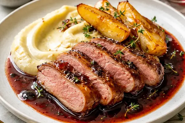 Pierś z kaczki w sosie z czerwonego wina, purée z selera i karmelizowane gruszki