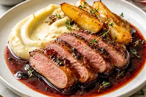 Duck breast in red wine sauce, celery purée, and caramelized pears