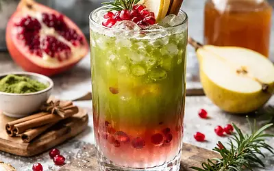 Winter Fusion Fizz: Pomegranate-Pear Cocktail with Matcha and Ginger-Cinnamon Syrup