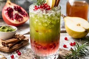 Winter Fusion Fizz: Pomegranate-Pear Cocktail with Matcha and Ginger-Cinnamon Syrup