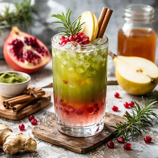 Zimowy Fusion Fizz: Granatowo‑Gruszkowy Koktajl z Matchą i Syropem Imbirowo‑Cynamonowym (bf6f5a47)