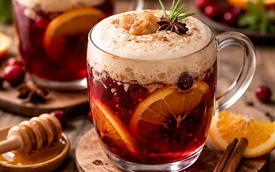 Orange-Cranberry Mulled Wine with Honey-Ginger Foam
