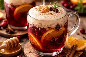 Orange-Cranberry Mulled Wine with Honey-Ginger Foam