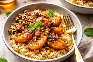 Szybkie pucharki z miodowo-pomarańczową kaszą jaglaną, pieczonym persymonem i orzechowym crumble