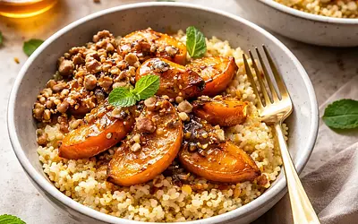 Szybkie pucharki z miodowo-pomarańczową kaszą jaglaną, pieczonym persymonem i orzechowym crumble