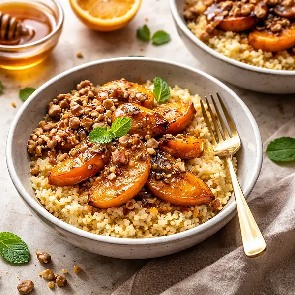 Szybkie pucharki z miodowo-pomarańczową kaszą jaglaną, pieczonym persymonem i orzechowym crumble