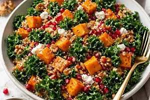 Winter salad with roasted butternut squash, kale, quinoa, and pomegranate