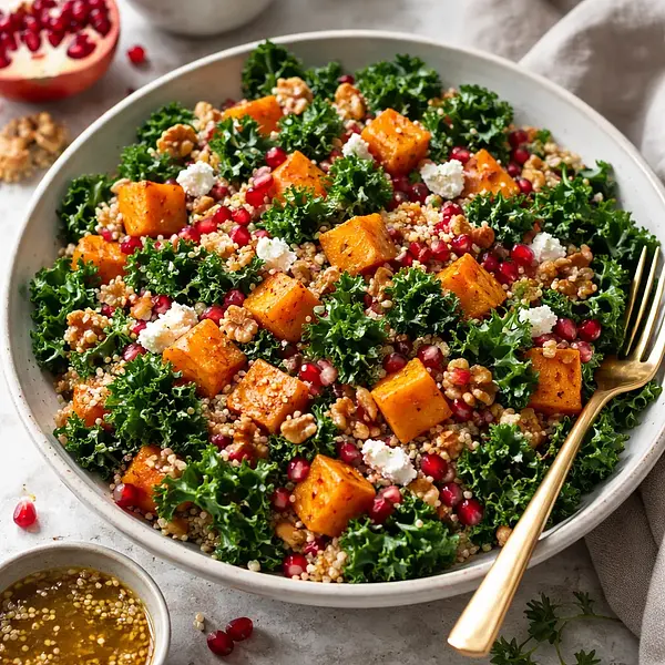 Zimowa sałatka z pieczonej dyni piżmowej, jarmużu, komosy i granatu