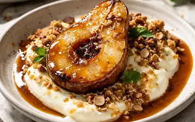 Baked pears in caramel with vanilla cream and almond crumble