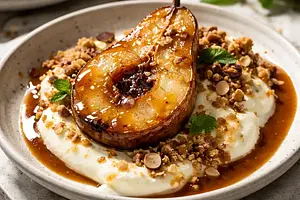 Baked pears in caramel with vanilla cream and almond crumble