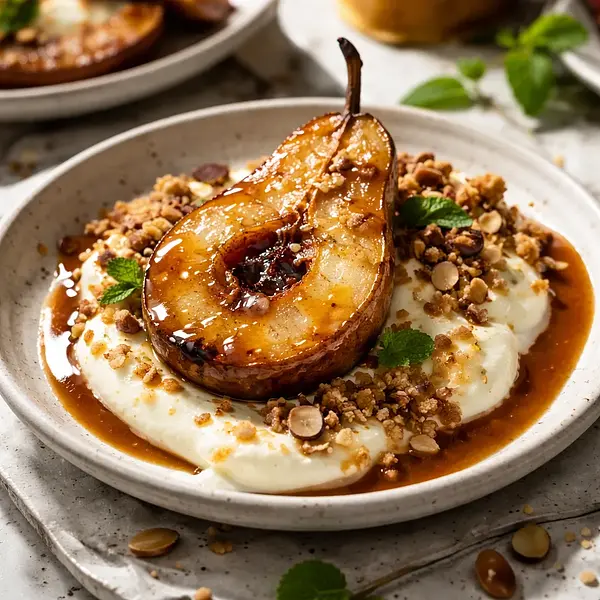 Zapiekane gruszki w karmelu z kremem waniliowym i kruszonką migdałową