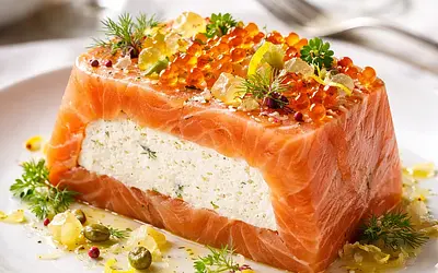 Elegant terrine of smoked salmon with horseradish mousse and citrus-wine jelly
