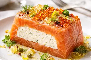 Elegant terrine of smoked salmon with horseradish mousse and citrus-wine jelly