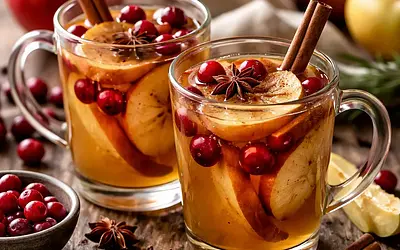 Hot spiced cider with baked apples and cranberries (alcoholic or non-alcoholic version)