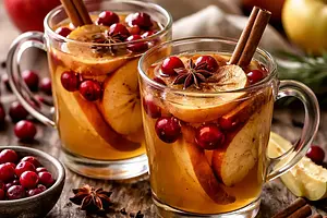 Hot spiced cider with baked apples and cranberries (alcoholic or non-alcoholic version)