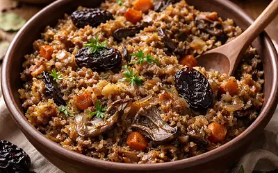 Vegan Old Polish Bigos with Sauerkraut, Dried Mushrooms, and Dried Plums