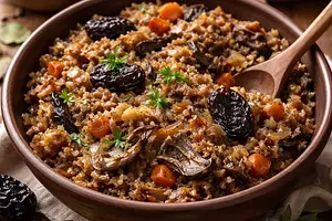 Vegan Old Polish Bigos with Sauerkraut, Dried Mushrooms, and Dried Plums