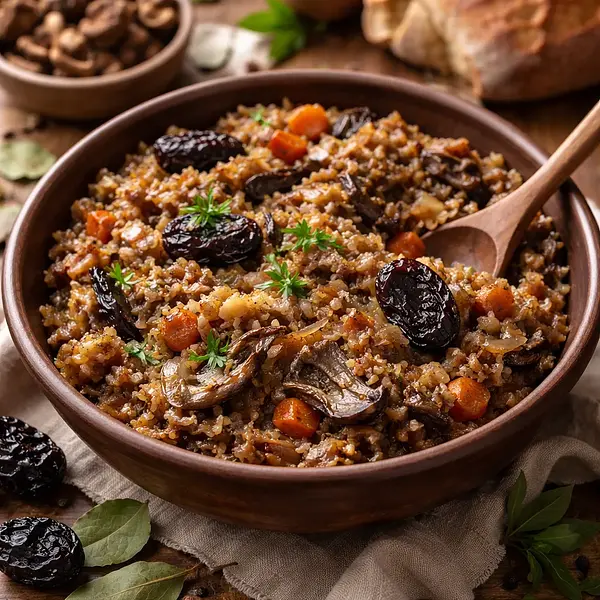 Wegański bigos staropolski z kiszonej kapusty, suszonych grzybów i suszonych śliwek