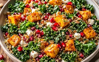 Autumn Salad with Roasted Pumpkin, Kale, Quinoa, and Pomegranate (vegetarian)