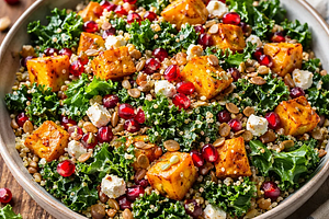 Sałatka jesienna z pieczoną dynią, jarmużem, komosą i granatem (wegetariańska)