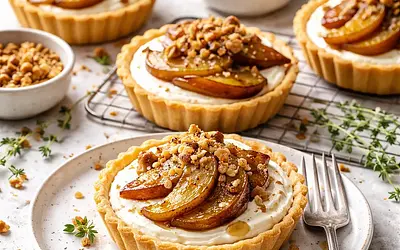 Tartaletki z kremem waniliowo-serowym i pieczonymi gruszkami z orzechowym crumble