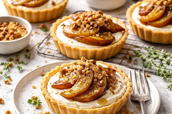 Tartaletki z kremem waniliowo-serowym i pieczonymi gruszkami z orzechowym crumble