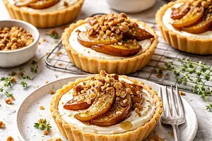 Tartaletki z kremem waniliowo-serowym i pieczonymi gruszkami z orzechowym crumble