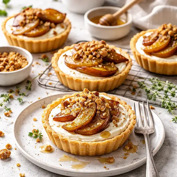 Tartaletki z kremem waniliowo-serowym i pieczonymi gruszkami z orzechowym crumble
