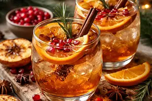 Winter cocktail with roasted apples, oranges, and pomegranate
