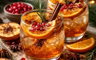 Winter cocktail with roasted apples, oranges, and pomegranate