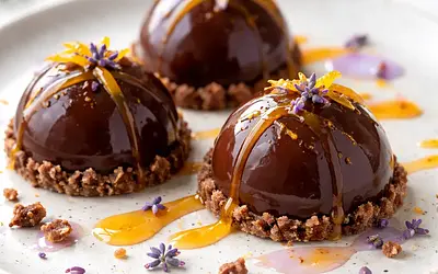 Modern chocolate-chestnut half-spheres with orange and lavender syrup (variant f0abf0bd)
