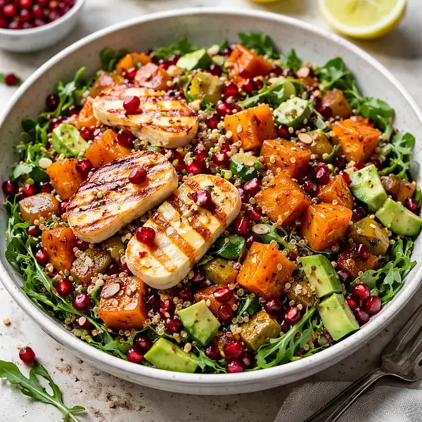 Sałatka fusion z pieczoną dynią piżmową, quinoa, halloumi i granatem