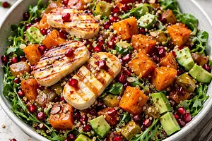 Fusion salad with roasted butternut squash, quinoa, halloumi, and pomegranate