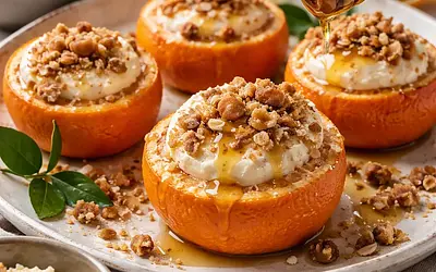 Quick seasonal domes: baked mandarins with honey-ricotta cream and crunchy crumble