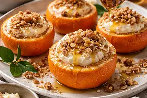 Quick seasonal domes: baked mandarins with honey-ricotta cream and crunchy crumble
