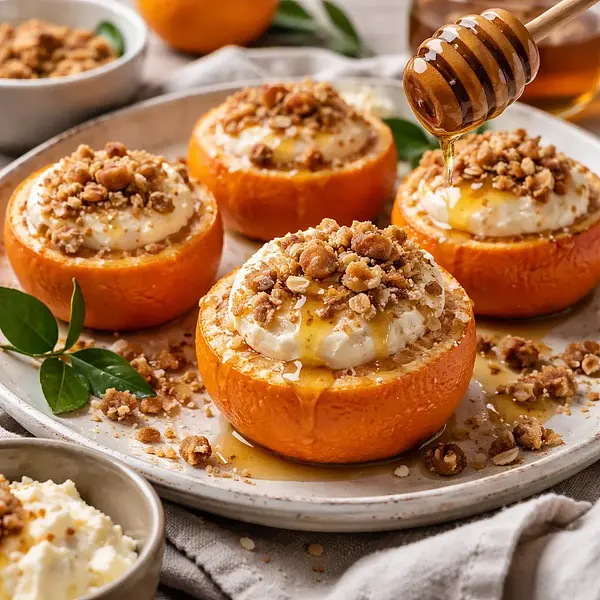 Szybkie kopułki sezonowe: pieczone mandarynki z kremem ricotta-miodowym i chrupiącą kruszonką (wariant afd9b346)
