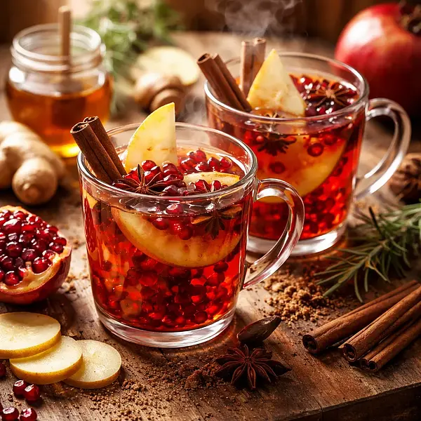 Rozgrzewający napój fusion: granatowo‑gruszkowy rooibos z imbirem i przyprawami