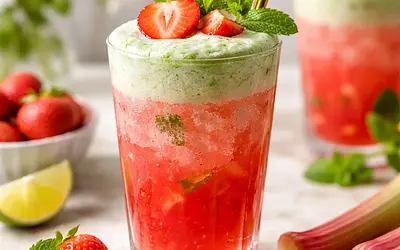 Spring rhubarb-strawberry cocktail with mint foam