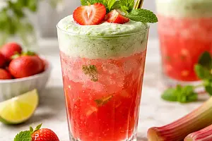 Spring rhubarb-strawberry cocktail with mint foam