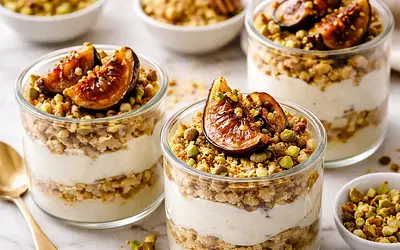 Quick cups with baked figs, ricotta cream, and pistachio-oat crumble