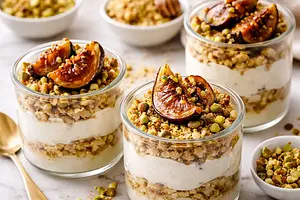 Quick cups with baked figs, ricotta cream, and pistachio-oat crumble