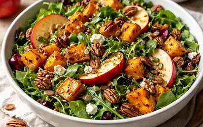 Seasonal salad with roasted pumpkin, apples, and toasted nuts