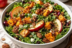 Seasonal salad with roasted pumpkin, apples, and toasted nuts
