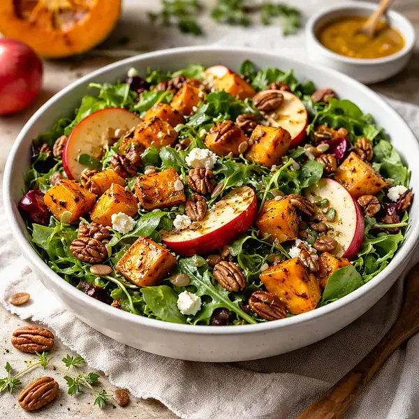 Sezonowa sałatka z pieczoną dynią, jabłkami i prażonymi orzechami