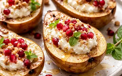 Quick Baked Pears with Ricotta Cream and Pomegranate Seeds